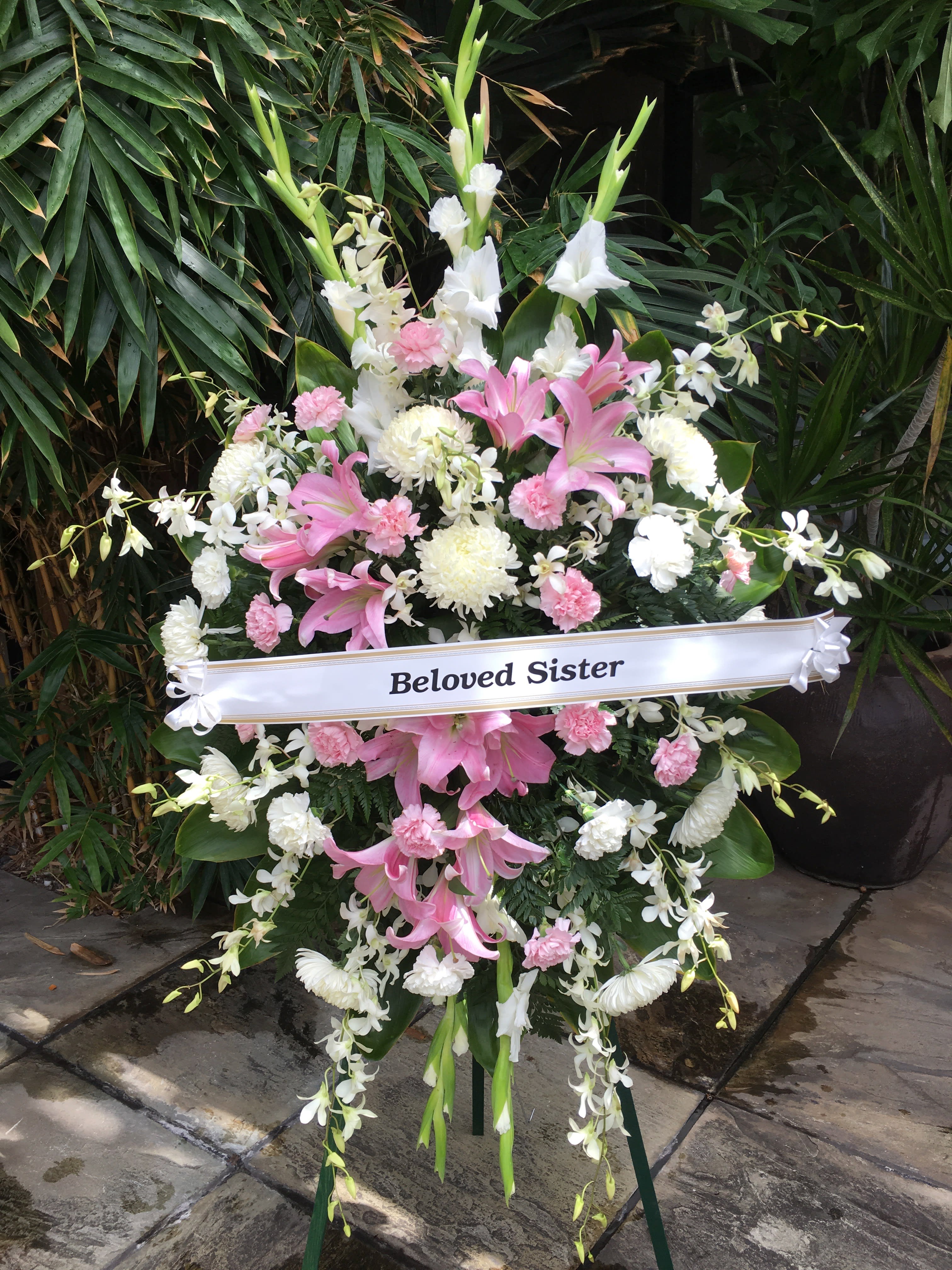 #92 Pretty in Pink Spray Wreath - Pink Lily, Chrysanthemum  