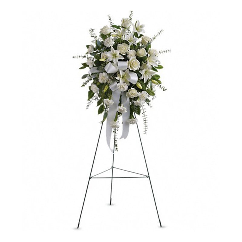 Sentiments of Serenity Spray - A gentle touch for tender moments. The Sentiments of Serenity Spray from Irvine Village Flowers offers a quiet, comforting embrace through flowers, perfect for sharing sympathy with care. This simple yet lovely arrangement features white roses, white Asiatic lilies, and white carnations, tied softly with a white satin ribbon and framed by gentle greenery. Standing at about 25&quot; W x 35 1/2&quot; H, this one-sided spray is a thoughtful way to show you’re there when words feel too heavy.  Each bloom speaks softly: white roses carry peace and respect, their calm beauty a steady presence in tough times. White Asiatic lilies bring a sense of purity and quiet hope, their graceful petals offering solace. White carnations add a layer of remembrance and tender love, lasting long to honor what’s been lost. Together, with assorted greenery, they create a serene tribute that feels like a warm hand on the shoulder—a small gesture with big meaning.  Visit Irvine Village Flowers online or in-store to send this gentle spray, delivered fresh and ready to bring a bit of peace to those who need it most. We’re here to help you share your heart, simply and sincerely.