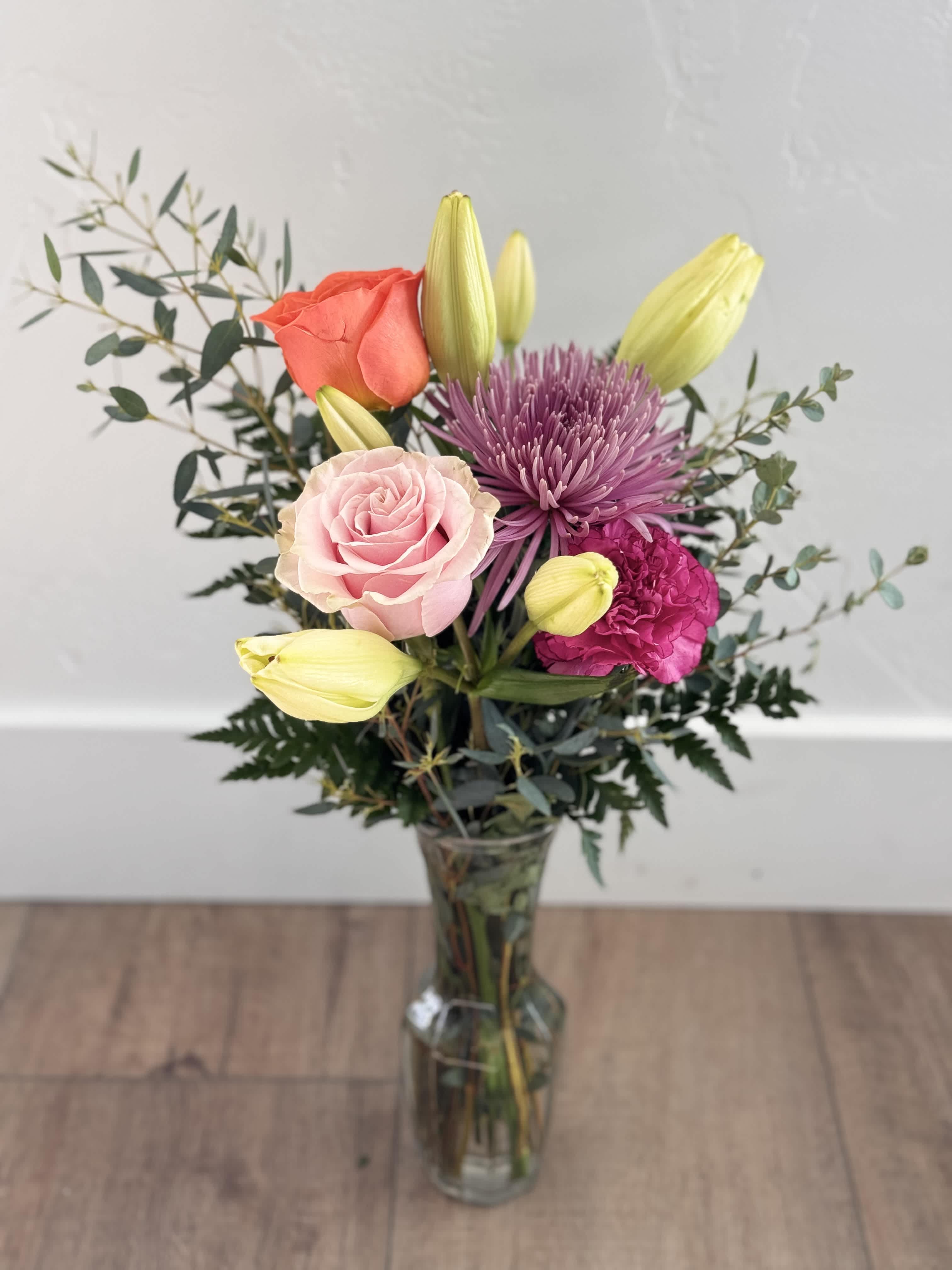 $35 Custom arrangement - Tulips, Roses, and more! This Custom arrangement will include 4 flower stems and fill! 