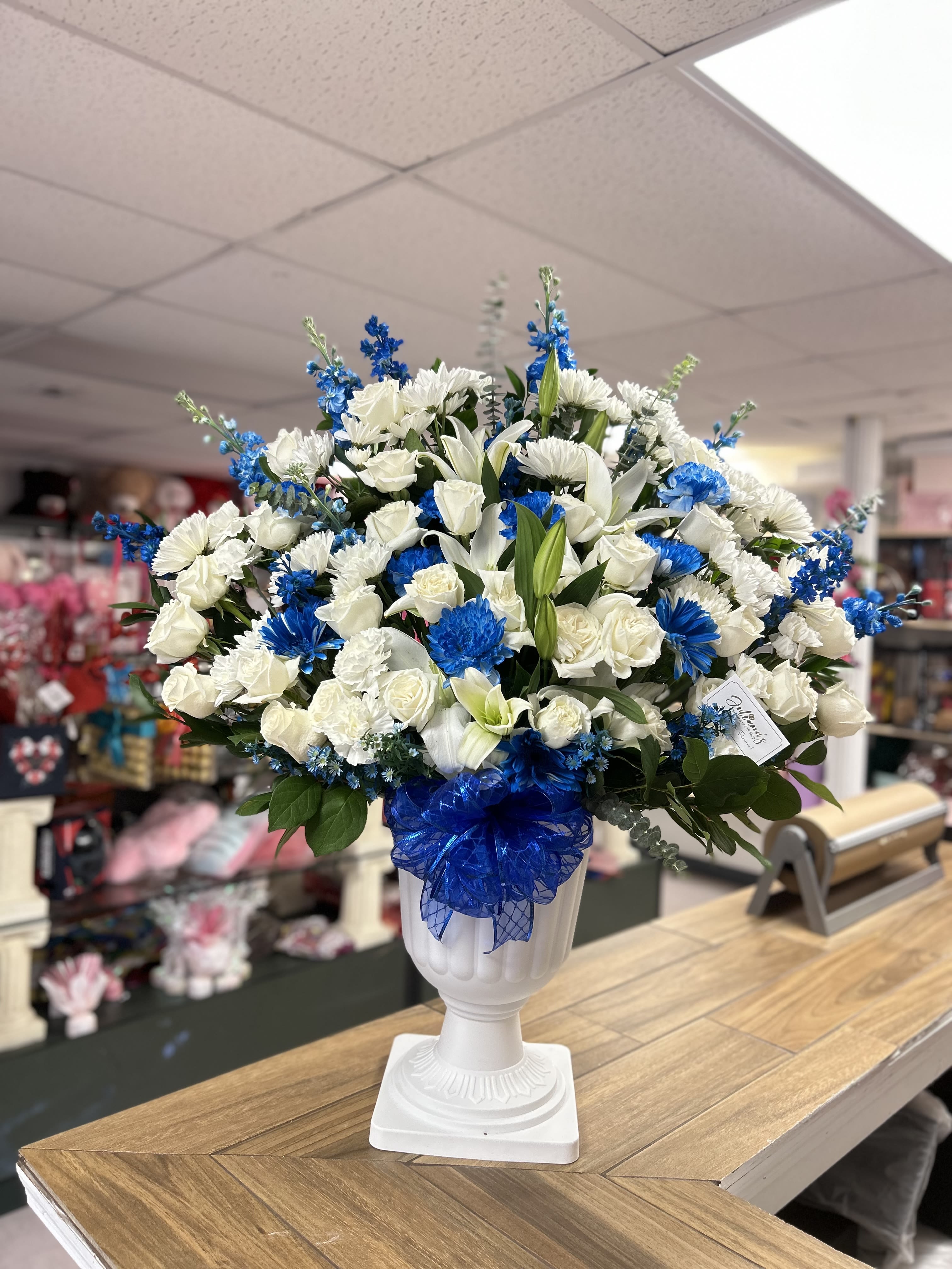 Large arrangement for funeral - Large arrangement for funeral, white roses, lilies, daisies and foliages