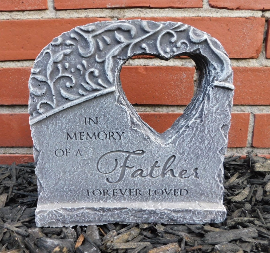 In memory of a father concrete plaque - &quot;In memory of a father forever loved&quot; concrete plaque for grieving family or friends. 8 inches tall.