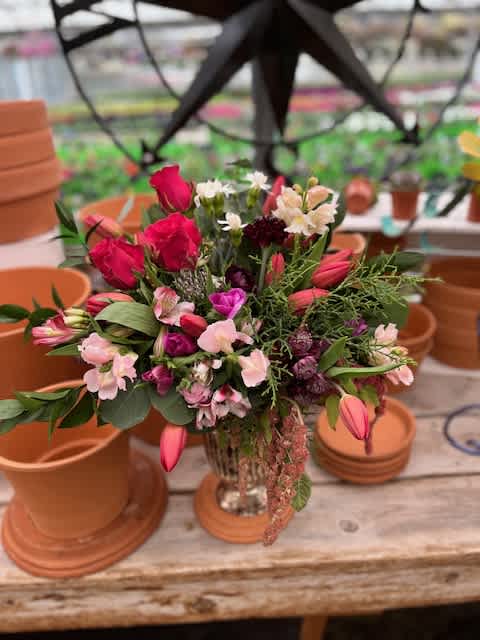 Garden Surprise Garden Surprise - Tulips, garden roses, sweet pea and more in this vase!