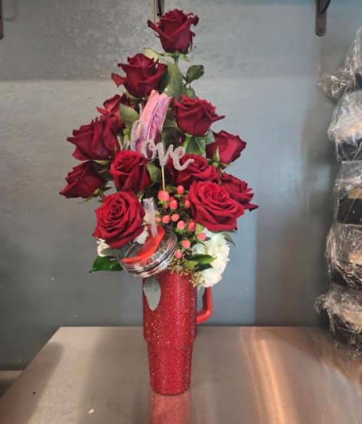 Tumbler of Love Tumbler of Love - Evil Eyes Stars 40 Oz Double Walled Stainless Steel Tumbler W/ Handle Straws Filled With Love and Dozen roses accented with spring florals