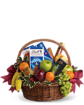 Fruits and Sweets Basket Fruits and Sweets Basket - A bountiful Holiday basket that will please the health nut and chocoholic alike! A delicious assortment of gourmet chocolates and fresh fruit are presented in a basket or decorative container. It's a mouth watering choice for a corporate holiday gift, get well or thank you gift!
