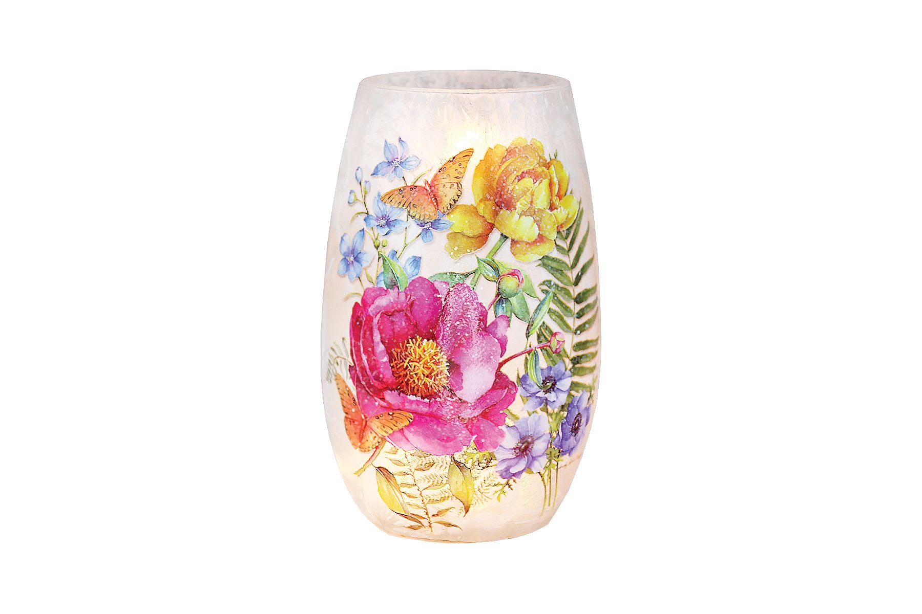 Spring Flowers Crackle Glass Memory Lamp Small - his crackle glass memory lamp is 3.25&quot; W x3.25&quot; Diameter and  5.25 in Height. It has 3 butterflies and Anemones and Delphinium flowers. Electric led lights inside. Comes with special card that reads &quot; This lamp has been specially selected by... to honor the memory of.... Each time you light this lamp, may you recall the many wonderful occasions that you have shared together and their light continues to shine and touch your life. With Deepest Sympathy. Deluxe and Premium includes a wreath of fresh flowers.    
