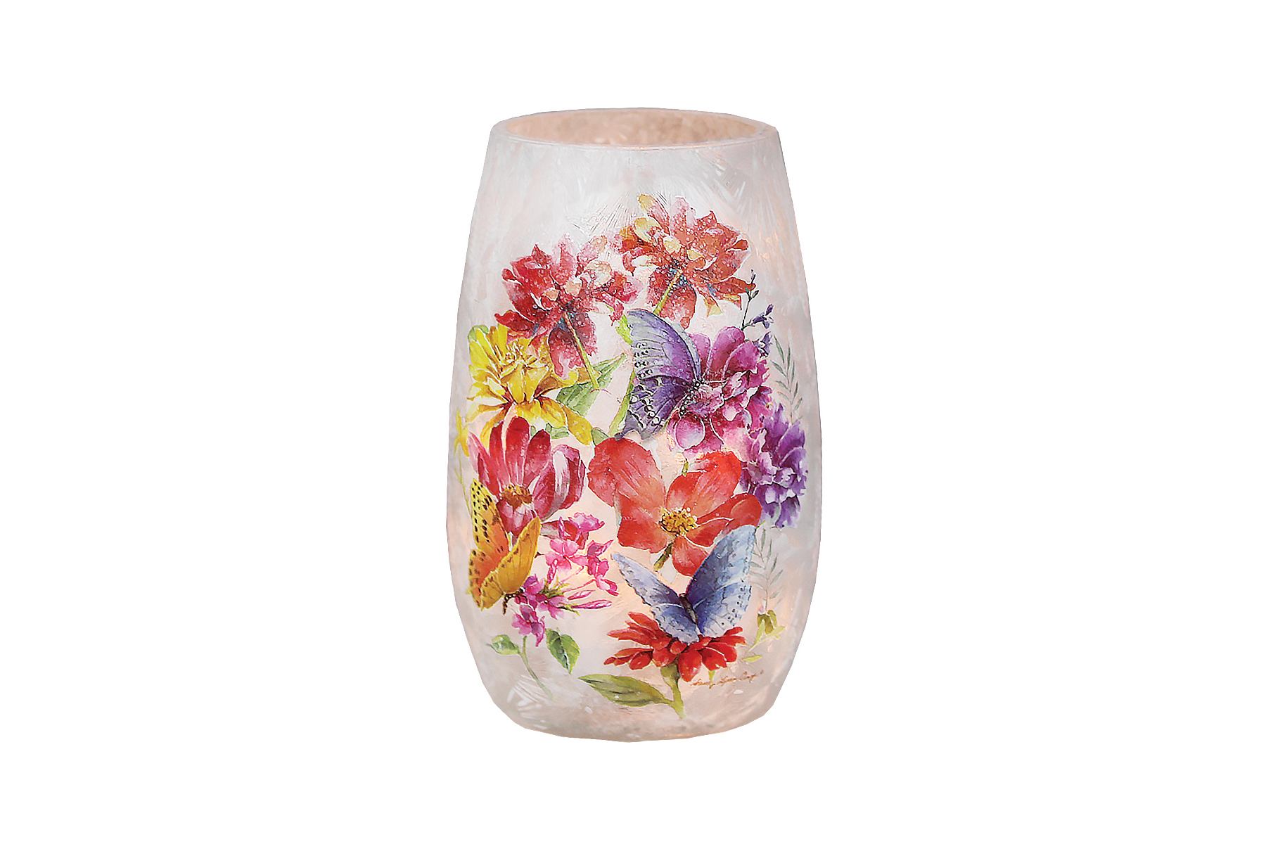 Butterfly Meadow Crackle Glass Memory Lamp Small - This crackle glass memory lamp is 3.25&quot; W x 3.25&quot; Diameter and  5.25&quot; in Height. Has mix of brightly colored flowers and butterflies. Electric led lights inside. Comes with special card that reads &quot; This lamp has been specially selected by... to honor the memory of.... Each time you light this lamp, may you recall the many wonderful occasions that you have shared together and their light continues to shine and touch your life. With Deepest Sympathy. Deluxe and Premium includes a wreath of fresh flowers.    