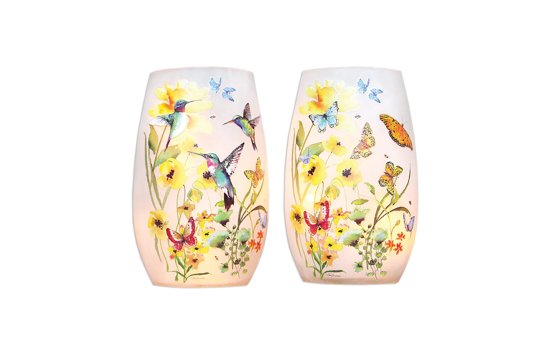 Sweet Nectar Hummingbirds or Butterflies Crackle Glass Lamp Small - This crackle glass memory lamp is 3.25&quot; W x 3.25&quot; Diameter and  5.25&quot; in Height. It features a beautiful springy yellow flowers and either Hummingbirds or Butterflies.(Please specify which you would like in order notes) Electric led lights inside. Comes with special card that reads &quot; This lamp has been specially selected by... to honor the memory of.... Each time you light this lamp, may you recall the many wonderful occasions that you have shared together and their light continues to shine and touch your life. With Deepest Sympathy. Deluxe and Premium includes a wreath of fresh flowers.   