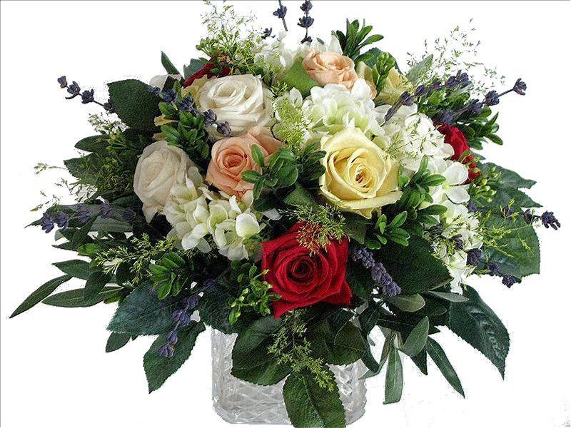 A Lot Like Love - This amazing bouquet includes White Hydranges, Multi Colored Roses. Eucaliptus, Pitt and Filler Flowers. Approximate Size is 16wx12h