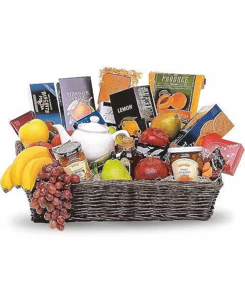 Grande Gourmet Fruit Basket - When you want to send your thoughts in a grande way, send this basket filled with fresh fruit, biscuits and tea. Nothing's grander. Fresh fruits, biscuits, chocolates and teas, along with a charming teapot, arrive in an impressive wicker tray.