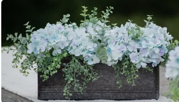April Rain - This flower box arrangement brings April May Showers freshness to any space it inhabits. Created in a wooden box, it is filled with eucalyptus greens and the prettiest blue hydrangeas. 