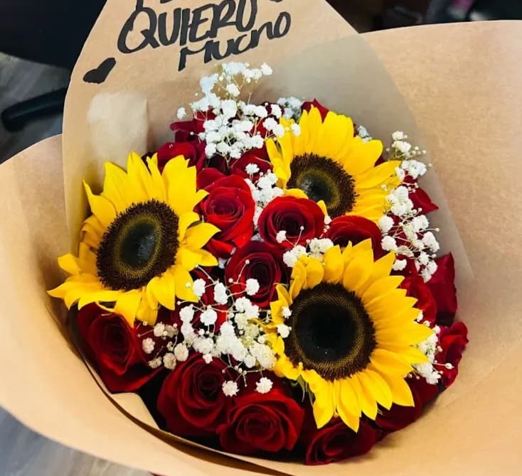Red Rose and sunflower bouquet - 2 Dozen Red roses and 3 sunflowers (wrapped in paper) and baby breath