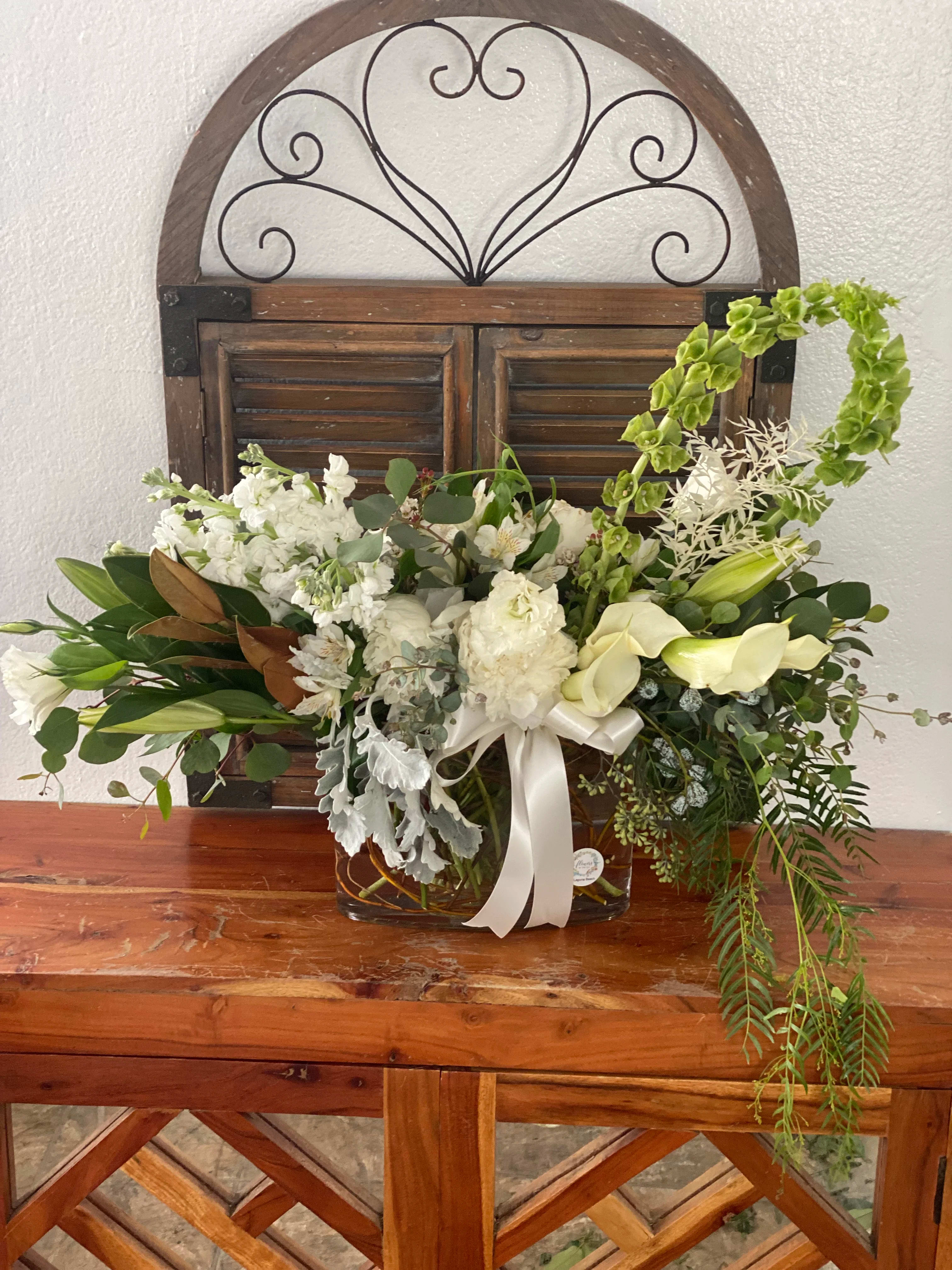Hopes! Hopes! - Green and White bouquet in glass vase.