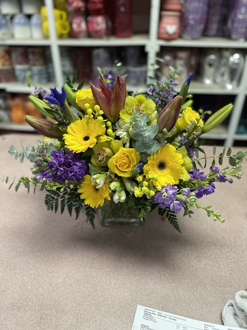 BUNCHES OF HAPPINESS BUNCHES OF HAPPINESS - BRIGHT POPS OF YELLOW HAPPINESS, WITH LUSH GREENS AND UNDERTONES OF PURPLES TUCKED THROUGHOUT.
