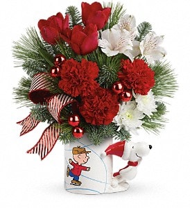 Skating With PEANUTS Mug by Teleflora Skating With PEANUTS Mug by Teleflora - Serve up some Christmas cheer with a joyful bouquet and this precious PEANUTS® mug! Sure to bring a smile to Snoopy-lovers young and old, this fresh mix of red tulips, white alstroemeria and winter greens is hand-delivered in a collectible ceramic mug that commemorates the 50th Anniversary of A Charlie Brown Christmas. Beautiful red tulips, white alstroemeria, red carnations and white cushion spray chrysanthemums are arranged with noble fir, white pine and seasonal accessories. Delivered in a PEANUTS® Christmas mug. Approximately 12" W x 14" H Orientation: All-Around As Shown : T15X605A Deluxe : T15X605B Premium : T15X605C