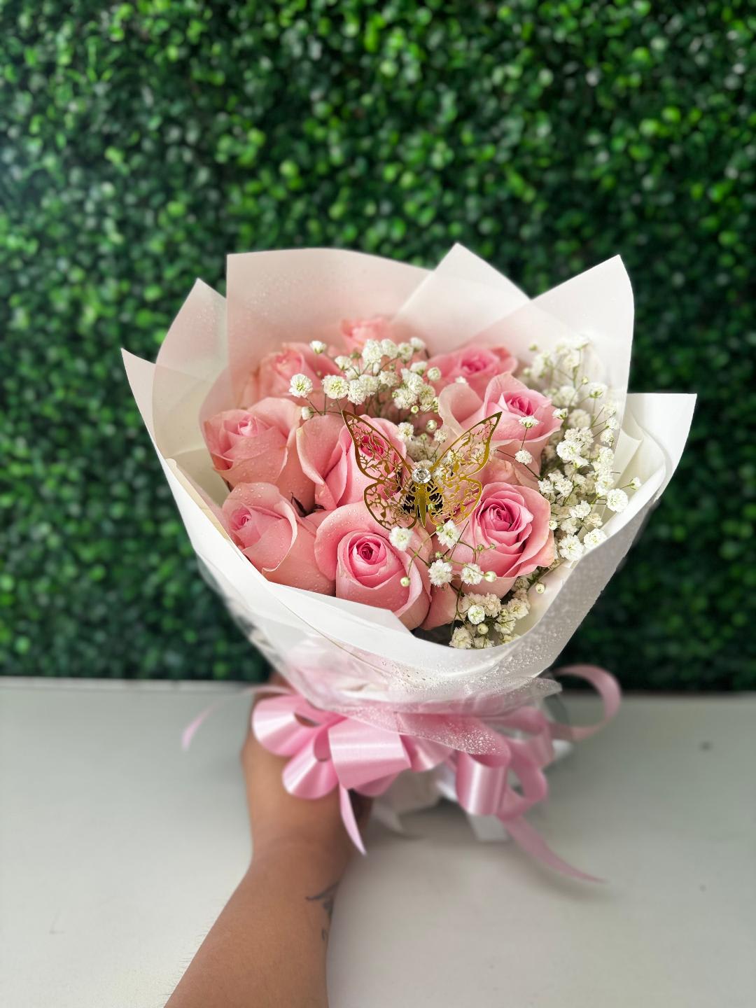 She's my princess  - Small Bouquet with blush roses and babies breath and a butterfly , sits flat on a table or desk . Perfect for someone with very lil space. 