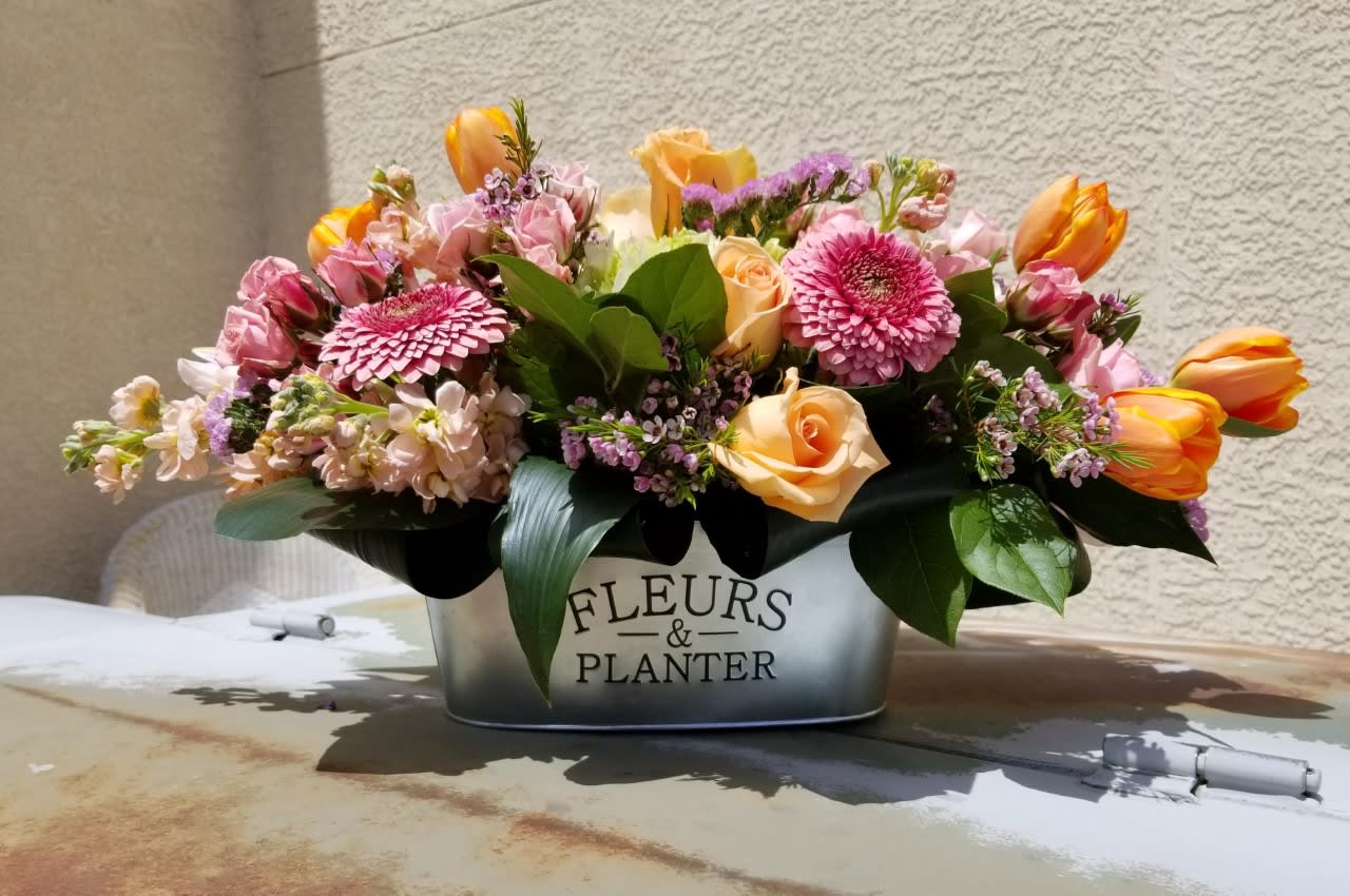 Garden Kisses - Our Garden Kisses Bouquet screams luxury with it's eye catching texture and Spray Roses, Tulips, Stock, Hydrangea, and framed perfectly with designed aspidistra leaves. 