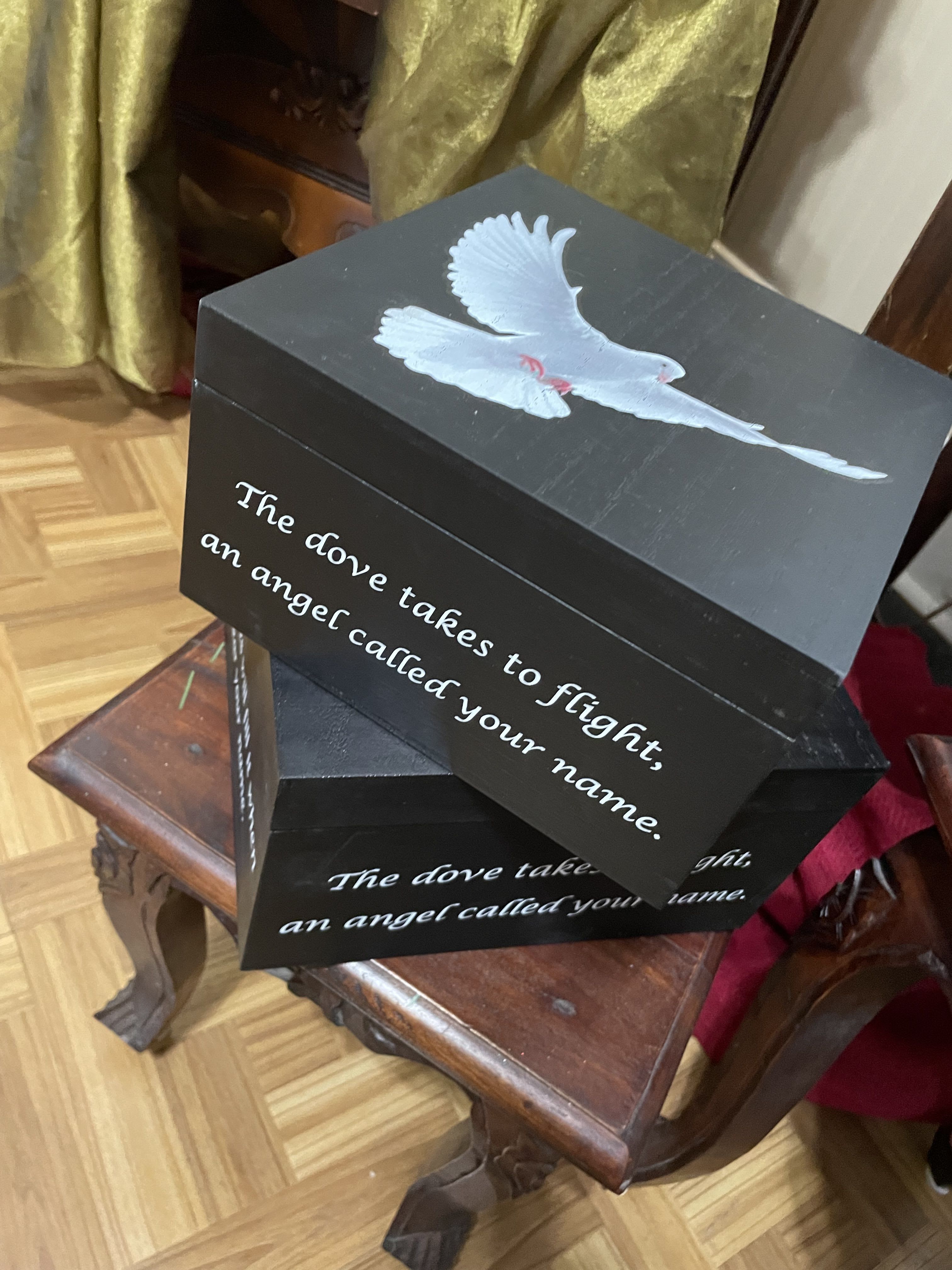 Dove Black Memory Box Dove Black Memory Box - Large memory box. A picture of a dove on top, words to the song etched on the sides. A place for a photo on the inside top of lid.