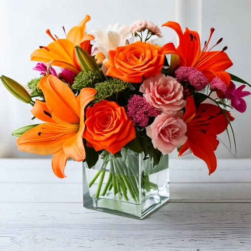 Fire Princess Bouquet - Orange asiatic lilies, hot pink and light orange roses, miniature red carnations and a pinch of greenery.