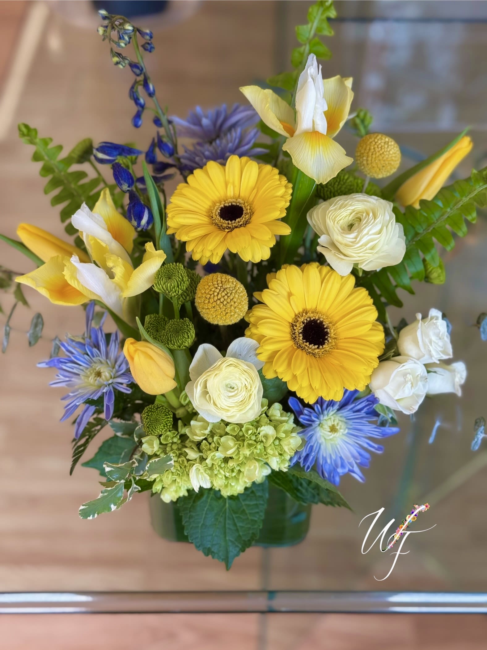 Blueberry Lemonade - Yellows and blues like a sweet lemonade on a warm day designed compactly in a modern cube.  