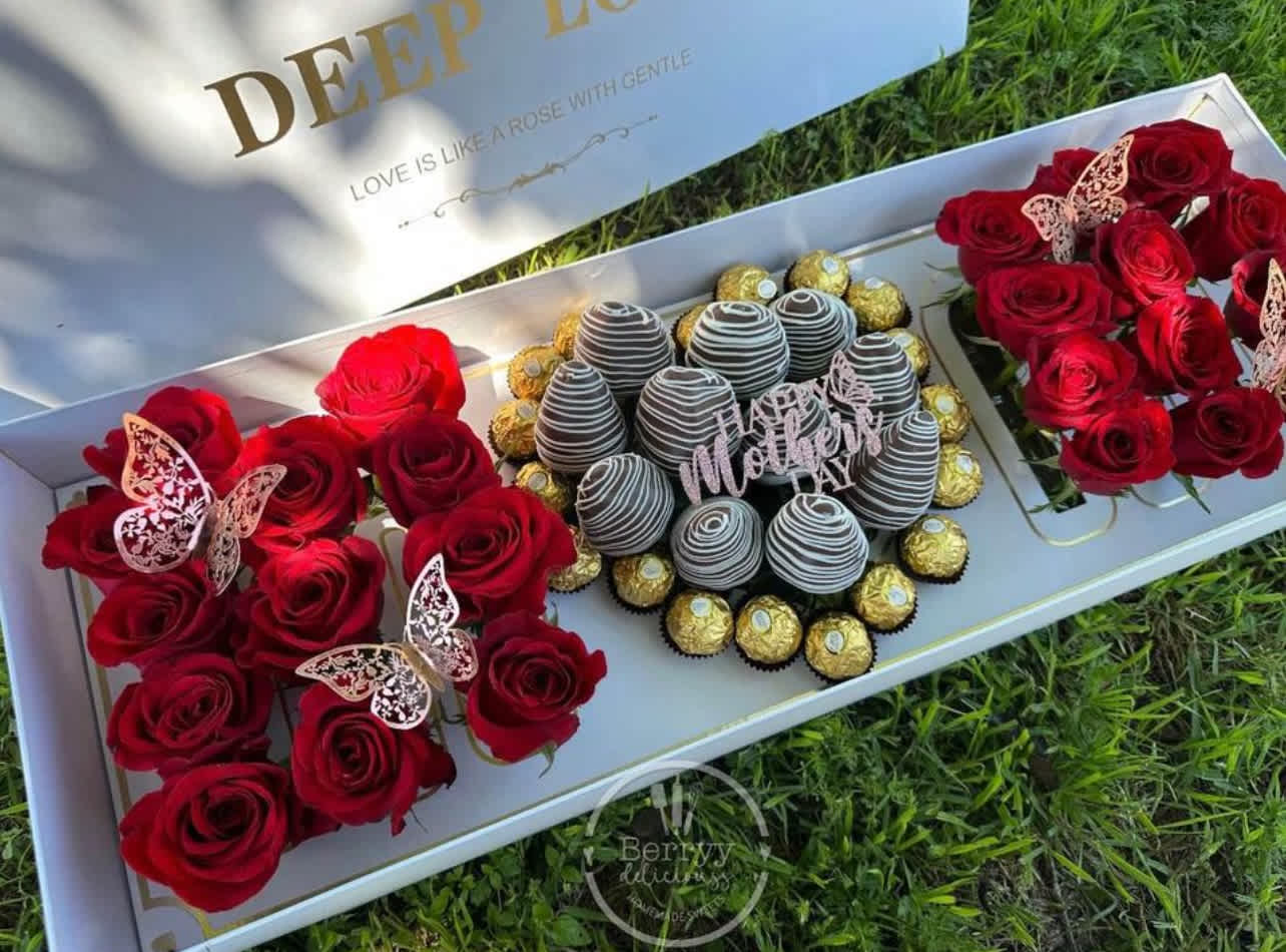 Chocolate Covered Strawberry Mom Box   - A heartfelt tribute to the most special woman in your life. Overflowing with love and gratitude, each delicate rose symbolizes the bond you share, making it the perfect Mother's Day gift. Includes heart filled Belgian Chocolate Dipped Strawberries. 