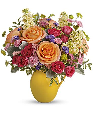 Be Bright Bouquet - Pour on the sunshine! Filled with radiant roses, this cheerful yellow pitcher sprinkles happiness on any occasion and makes a great food-safe addition to any home.