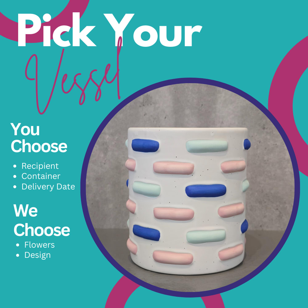Pastel Blocks - Pick your vessel and let our designers create a custom arrangement specifically for your recipient! We have so many amazing and adorable vases and containers, and why wait until we have crafted designs to go in them for you to be able to select them? We have set the price points to match what the container can hold, let us know your recipient's favorite flowers and colors in the special instructions.  The container is approximately 5.5&quot; tall and 5.25&quot; wide.