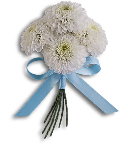 Country Romance Boutonniere - Simple casual elegance: white button mums tied with blue satin ribbon. White button chrysanthemums tied with blue satin ribbon.Approximately 2 1/2&quot; W x 4&quot; H Orientation: N/A As Shown : T202-2A