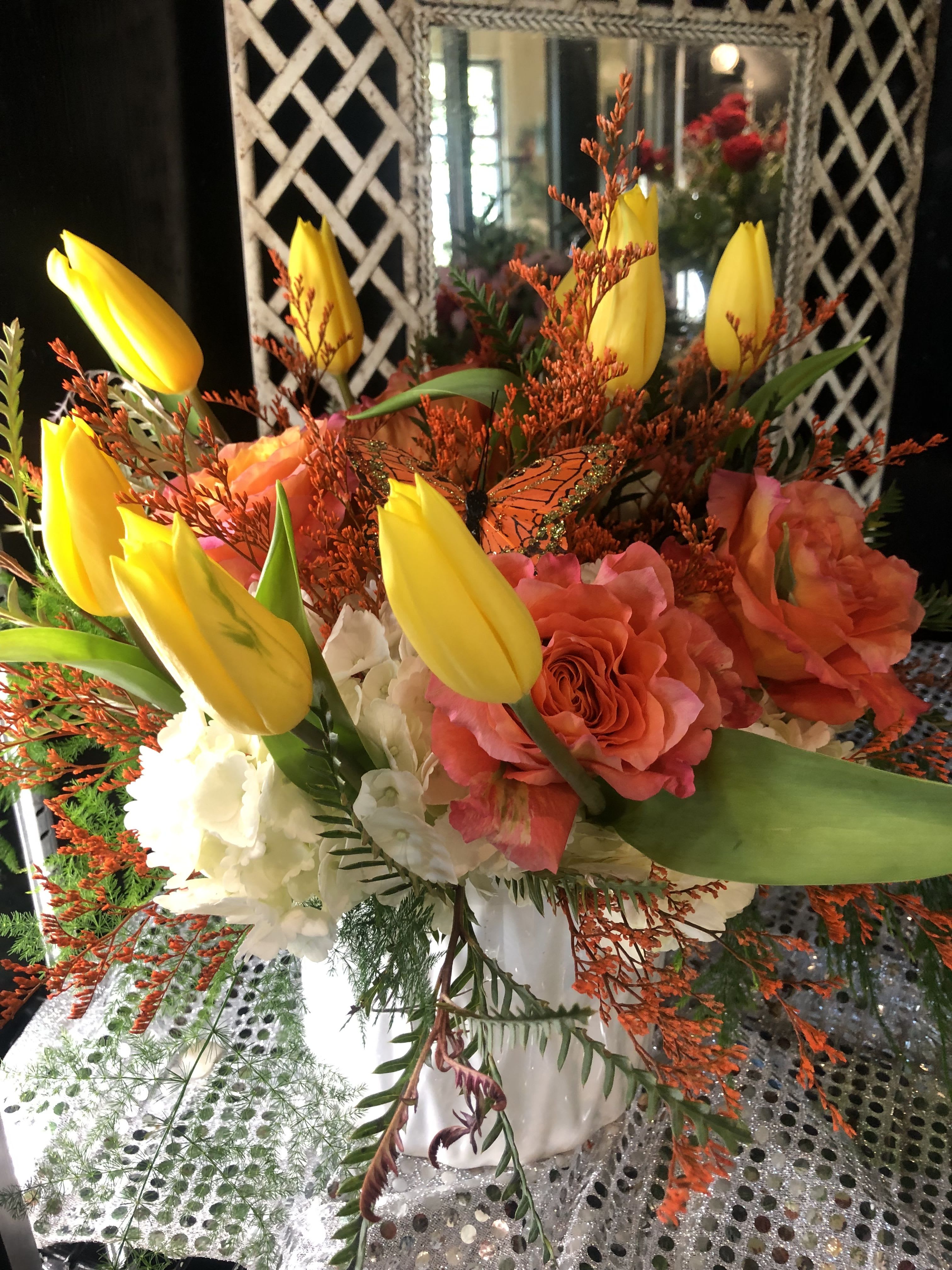 Tulip Expression - yellow tulips, orange roses, white carnations
