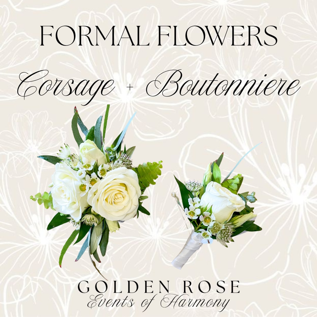 Prom &amp; Formal - Corsage + Boutonniere Bundle - Make your special night unforgettable with a custom-designed fresh corsage and boutonniere bundle, tailored perfectly to complement your look for prom or any formal event.  Each set is thoughtfully hand-crafted using seasonal fresh flowers and can be customized to match your style. Whether you’re going for timeless elegance, bold glam, or soft romance—we’ll bring your vision to life!  Corsages start at $30, with final pricing based on your floral selections and any premium upgrades.  To ensure the perfect match, please include the following in your order notes:  - Dress color - Shoe &amp; jewelry color - Preferred ribbon color - Any floral requests or favorite blooms  Let us help you create a moment that’s as beautiful as you are!