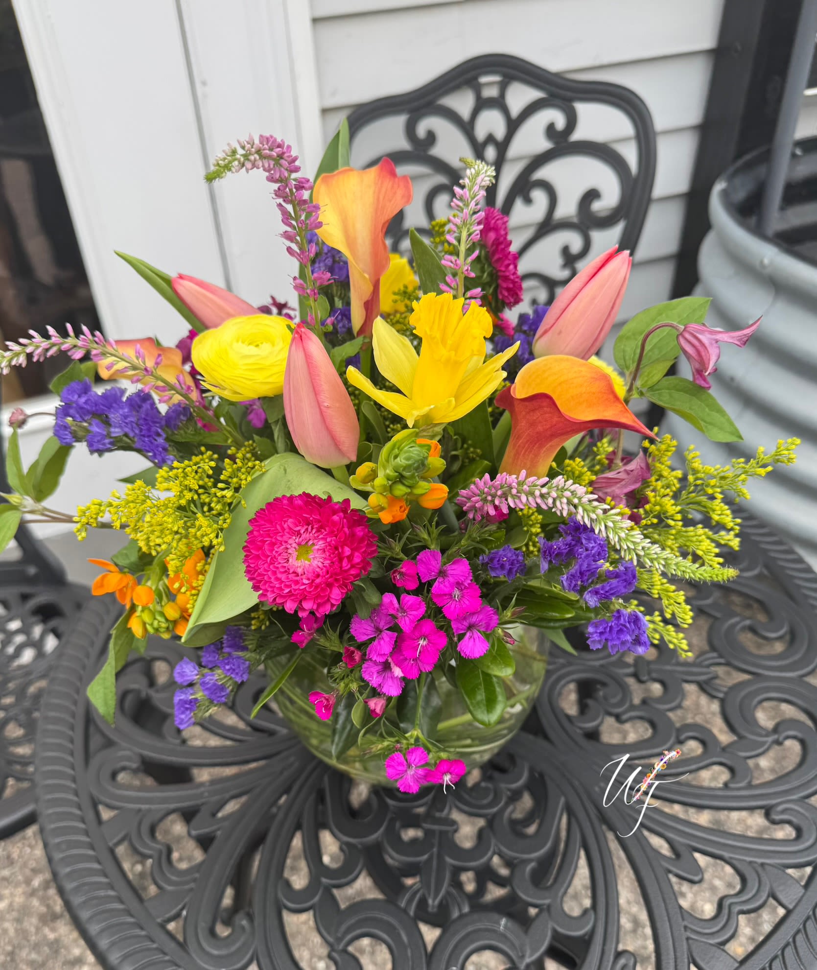 Bright Delight - Vibrant spring blooms dance in a low designed bubble bowl perfect for any occassion