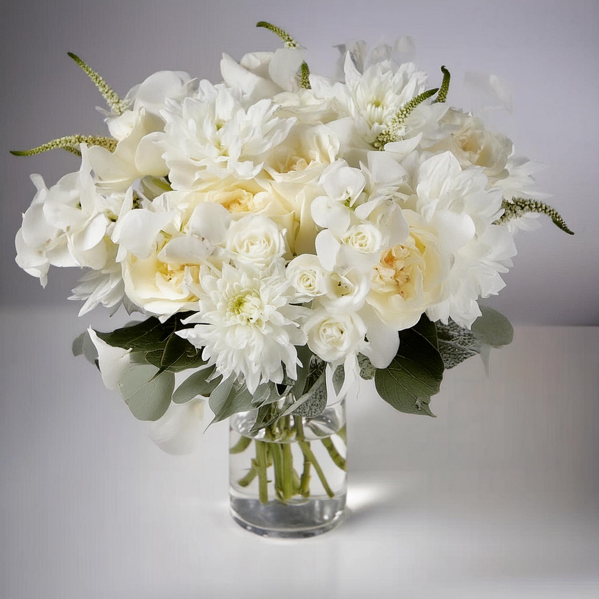 Pure Elegance Bouquet - The Pure Elegance Bouquet is a stunning arrangement that exudes sophistication and grace. This luxurious bouquet features an exquisite selection of pristine white blooms, including delicate roses, chrysanthemums, and orchids, expertly arranged to create a harmonious and elegant display. The soft, velvety petals of the flowers are complemented by lush green foliage, all beautifully presented in a sleek, clear glass vase. Perfect for weddings, anniversaries, or any special occasion, the Pure Elegance Bouquet adds a touch of timeless beauty to any setting. Let this arrangement bring an air of tranquility and refinement to your event, leaving a lasting impression on all who behold it.