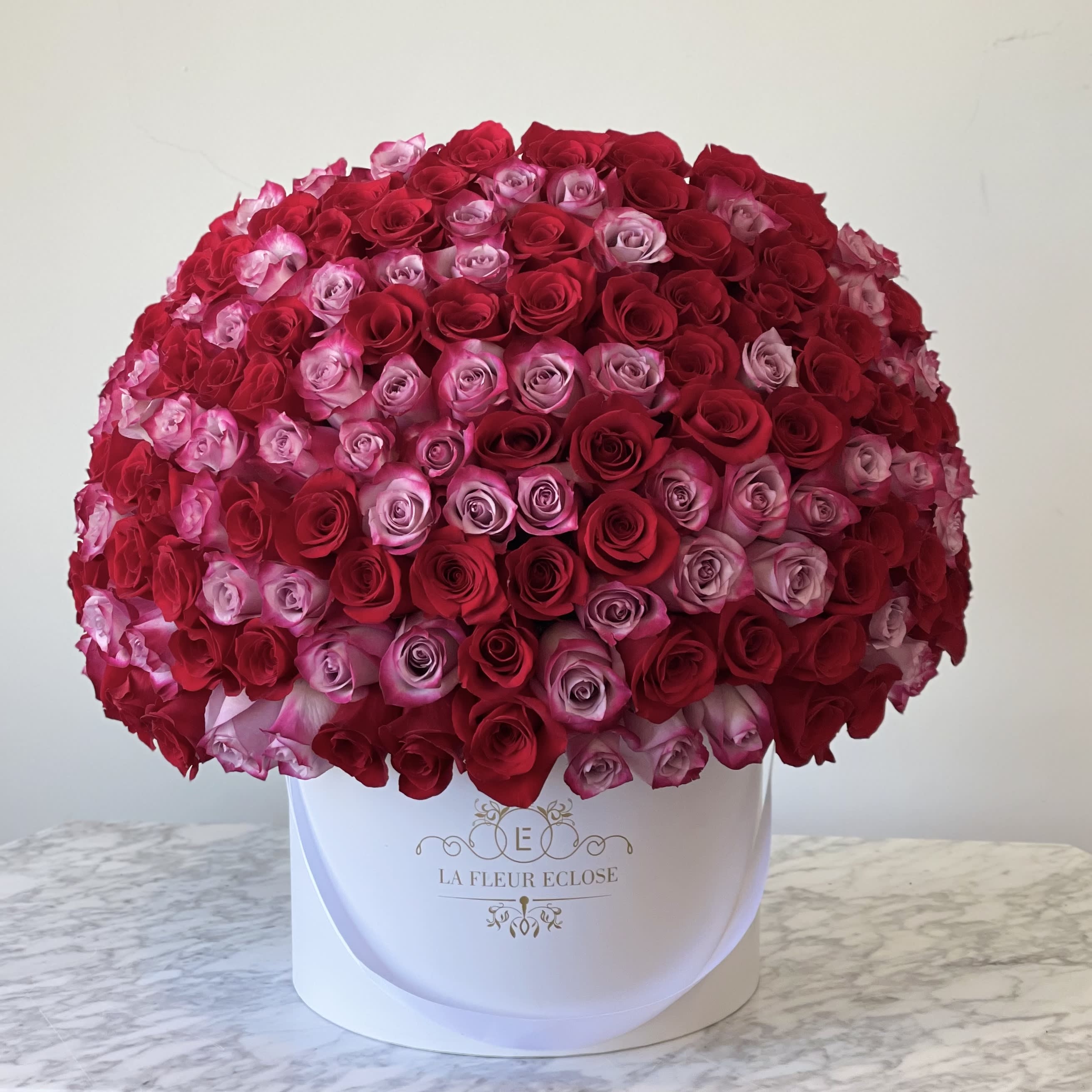 200 roses in our white velvet signature box V - Fresh roses in our white velvet signature box  Standard- 200roses  Deluxe- 250 roses Premium- 300 roses 