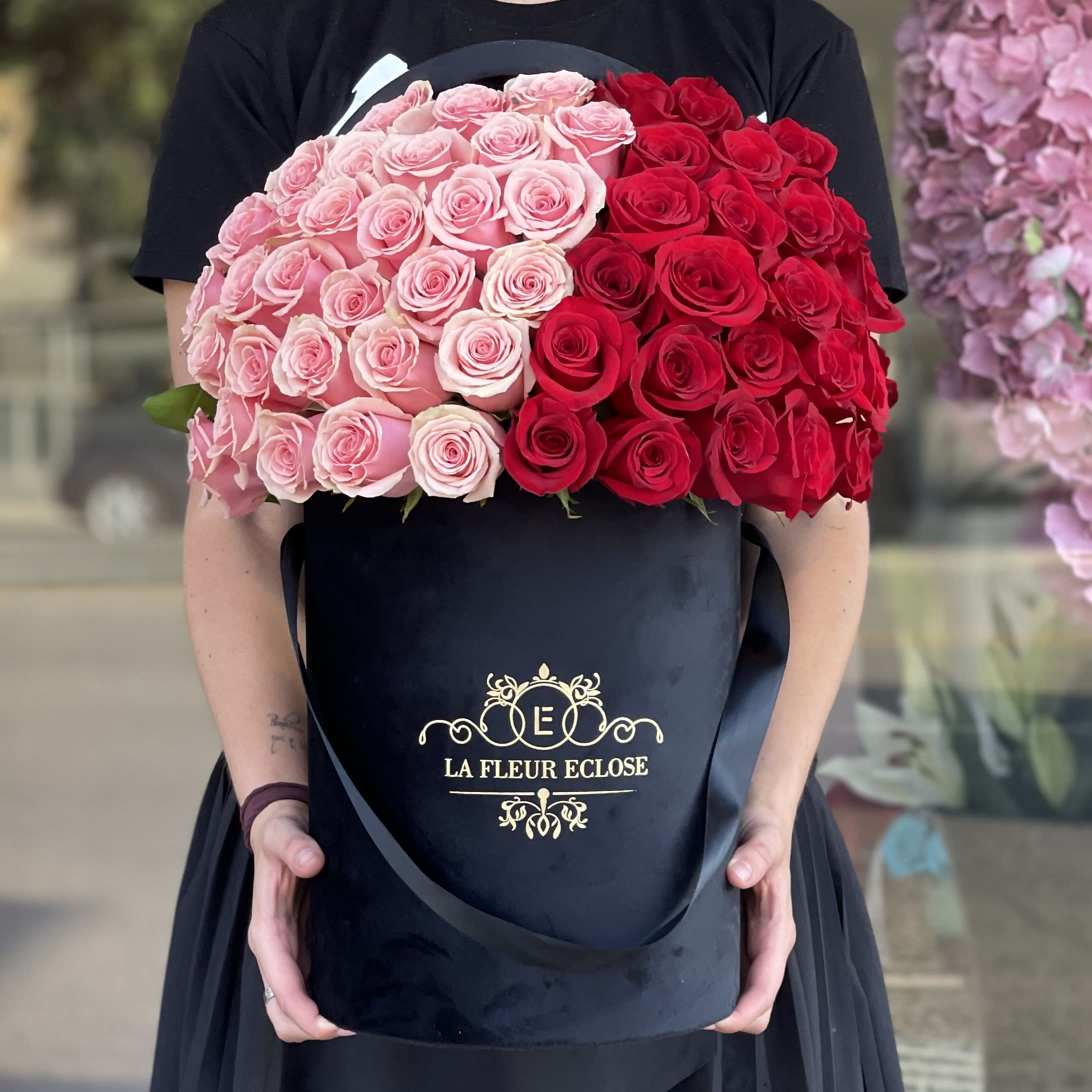 Ready or not ? V  - Fresh red and pink roses in our signature velvet box.  Standard- 50 roses  Deluxe - 75 roses  Premium - 100 roses