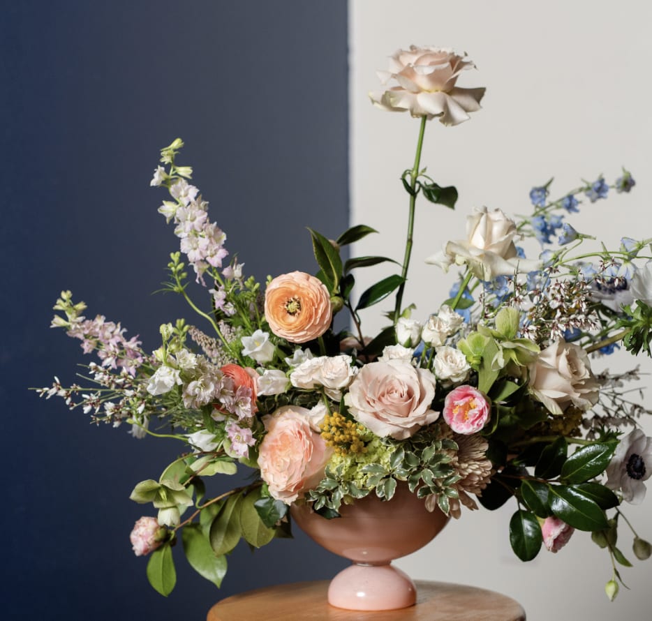 Avonlea Compote - This stunning glass compote is one for the hall of fame! Florals will be a spring mix filled with pastels and are designers choice!