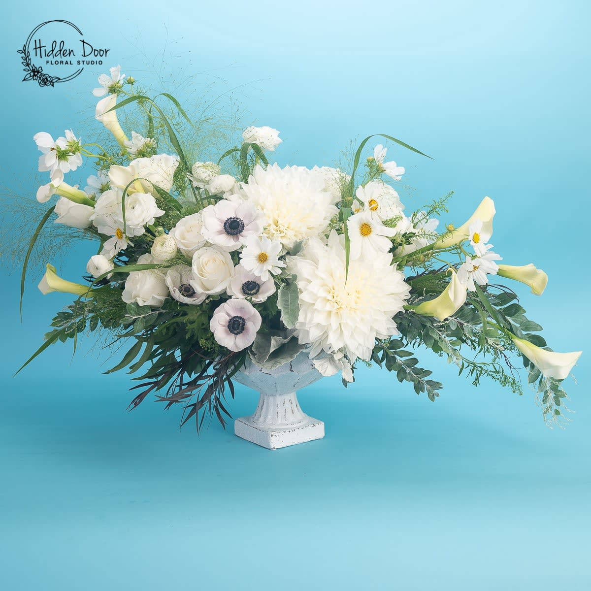 Balerina - Beautiful, large, elegant, white, and a modern floral creation,  made with roses, anemones, dahlias, mini calla lilies, ranunculus, and seasonal greens. 