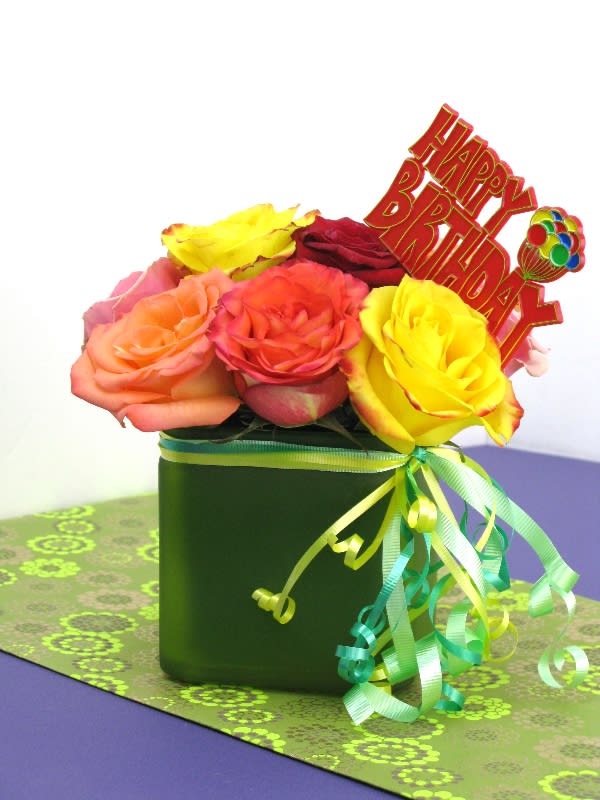 Alegria - What a great way to say Happy Birthday !! With this colorful happy birthday bouquet, mixed with orange and yellow roses.  Flowers and similar colors
