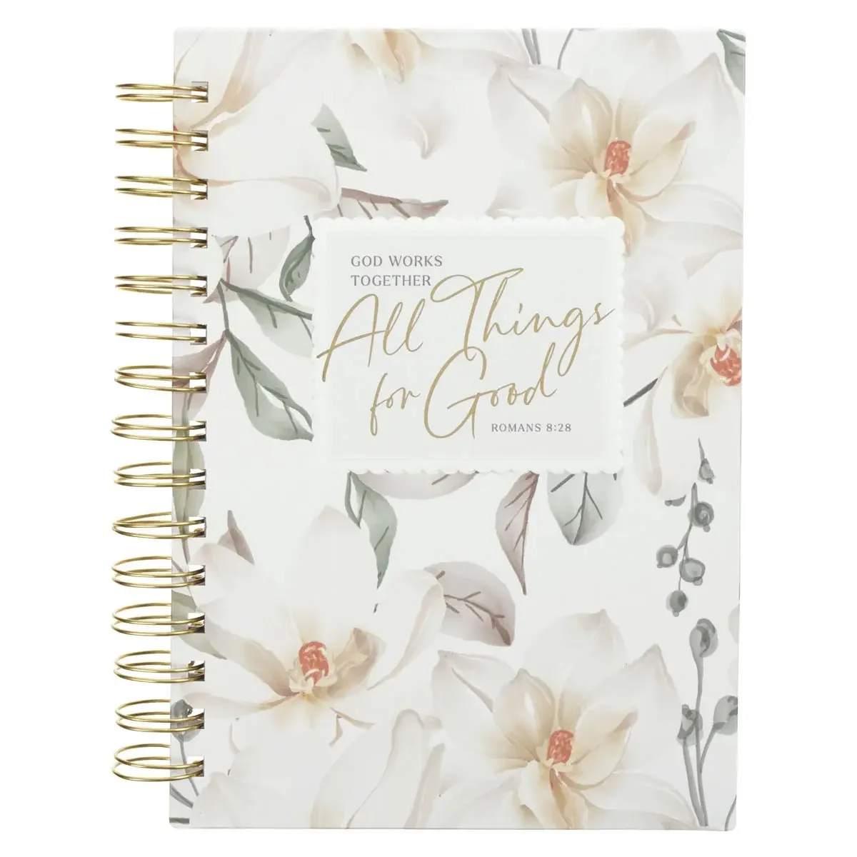 Journal Wirebound White Floral All Things For Good Rom. 8:27 - Process life and make sense of thoughts, experiences, and emotions on the pages of the All Things for Good White Magnolia Wirebound Journal. The Bible promises that despite the reality of suffering, God is actively working in all situations for the good of those who love Him. Looking back over your entries, you will discover that God was present in every detail of your life, weaving it together into a beautiful tapestry. White magnolia cover design, UV-varnish, Embossed frame, Gold-foiled text, God works together all things for good, Romans 8:28, All Things for Good White Magnolia Collection, Gold-toned metal wire binding,  Hardcover,  Wirebound,  192 lined pages,  Size: 8.4” x 6.4” x 1” (213 x 163 x 25mm)