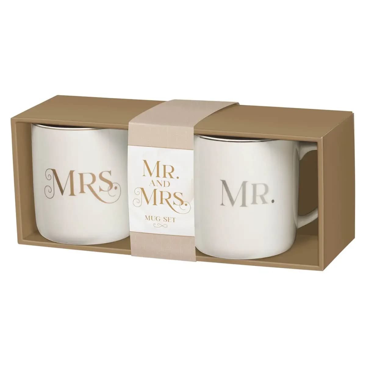 Mug Set 2pc Mr. &amp; Mrs. 1 Cor. 13:4 - Let the Mr. &amp; Mrs. White Ceramic Coffee Mug Set warm the newlyweds’ hearts as they sip from the coordinating mugs. The couple can enjoy their favorite hot beverage while reflecting on their life together. Gold and silver-foiled geometric and Art Deco designs,   White mugs,   Gold and silver-foiled text,   Mr.,   Mrs.,   Two people are better than one, for they can help each other succeed.,   Ecclesiastes 4:9,   Mr. &amp; Mrs. Ivory Love Collection,   Ceramic mugs,   Two-piece set,   Sold in set only,   Packaged in a kraft paper box,   Capacity: 14 fluid ounces each 