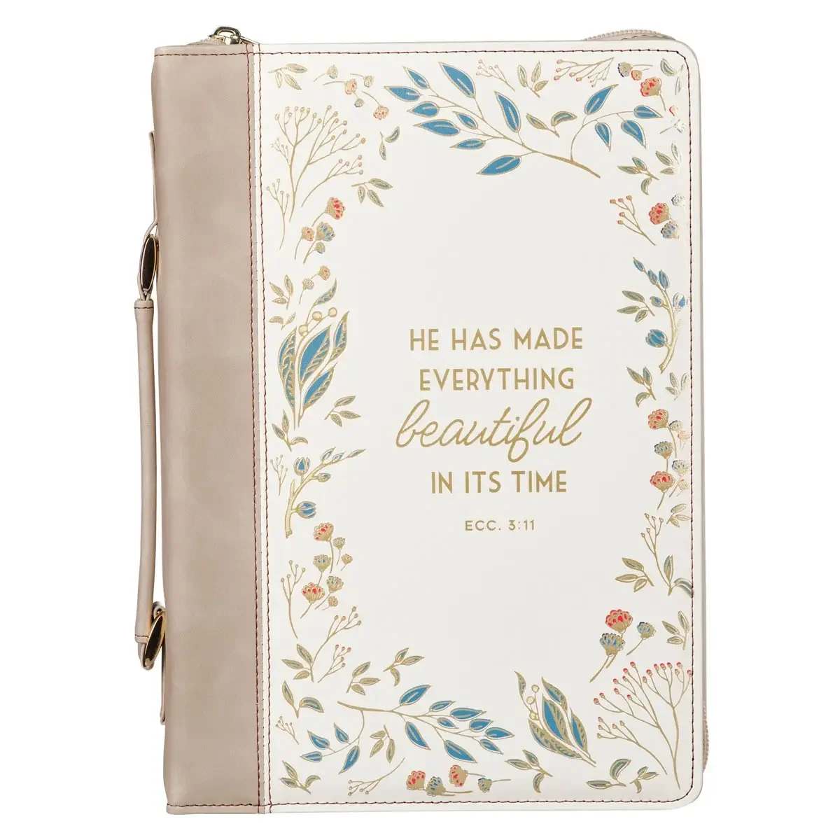 Bible Cover Fashion Cream Everything Beautiful Ecc 3:11  -  Remind yourself to trust that there is beauty and purpose in all things every time you reach for the Everything Beautiful Taupe Faux Leather Bible Cover. This stunning Bible cover will protect your precious Bible and remind you that even if you cannot see the outcome, it has a place in God's grand plan for your life. Printed floral design,   Gold-foiled accented,   Cream-colored faux leather front panel,   Taupe faux leather body,   Gold-foiled sentiment,   He has made everything beautiful in its time,  Ecclesiastes 3:11,   Everything Beautiful Cream Floral Collection,   Fashion Bible cover,    Lay-flat carry handle,      • Made in China • Weight: 9.12 oz (258.55 g) • Dimensions: 10.9 x 8.1 x 2.2 in (27.7 x 20.6 x 5.6 cm)  