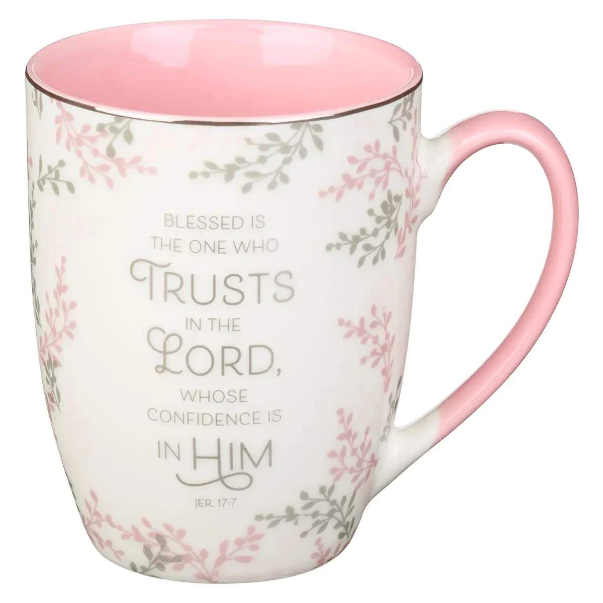 Mug White/Pink Branches Trusts in the Lord Jer. 17:7 - The One Who Trusts in the LORD Pink Ceramic Mug is a cheery companion for your morning coffee or afternoon tea. Take a moment to rest in the comforting promise that the LORD promises to bless those who put their trust in him. Creamy white background with pink and gray design, Gray screen-printed text, Blessed is the one who trusts in the LORD, whose confidence is in him, Jeremiah 17:7, Ceramic mug, Pink interior  Pink handled Silver-foiled rim, Not microwave or dishwasher safe due to delicate foil, Handwash recommended, Packaged in a tuck-top Kraft cardboard box,  Packaging dimensions: 4.4&quot; x 4.5&quot; x 3.5&quot; (112 x114 x 89mm), Capacity 12 fl. oz. (355 ml)