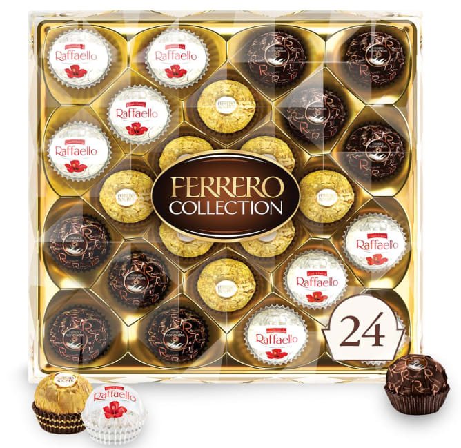 Ferrero Rocher Gourmet Premium 24U - Colección Ferrero, 24 unidades, chocolate con leche de avellana surtido gourmet premium, chocolate negro y coco, 9.1 onzas
