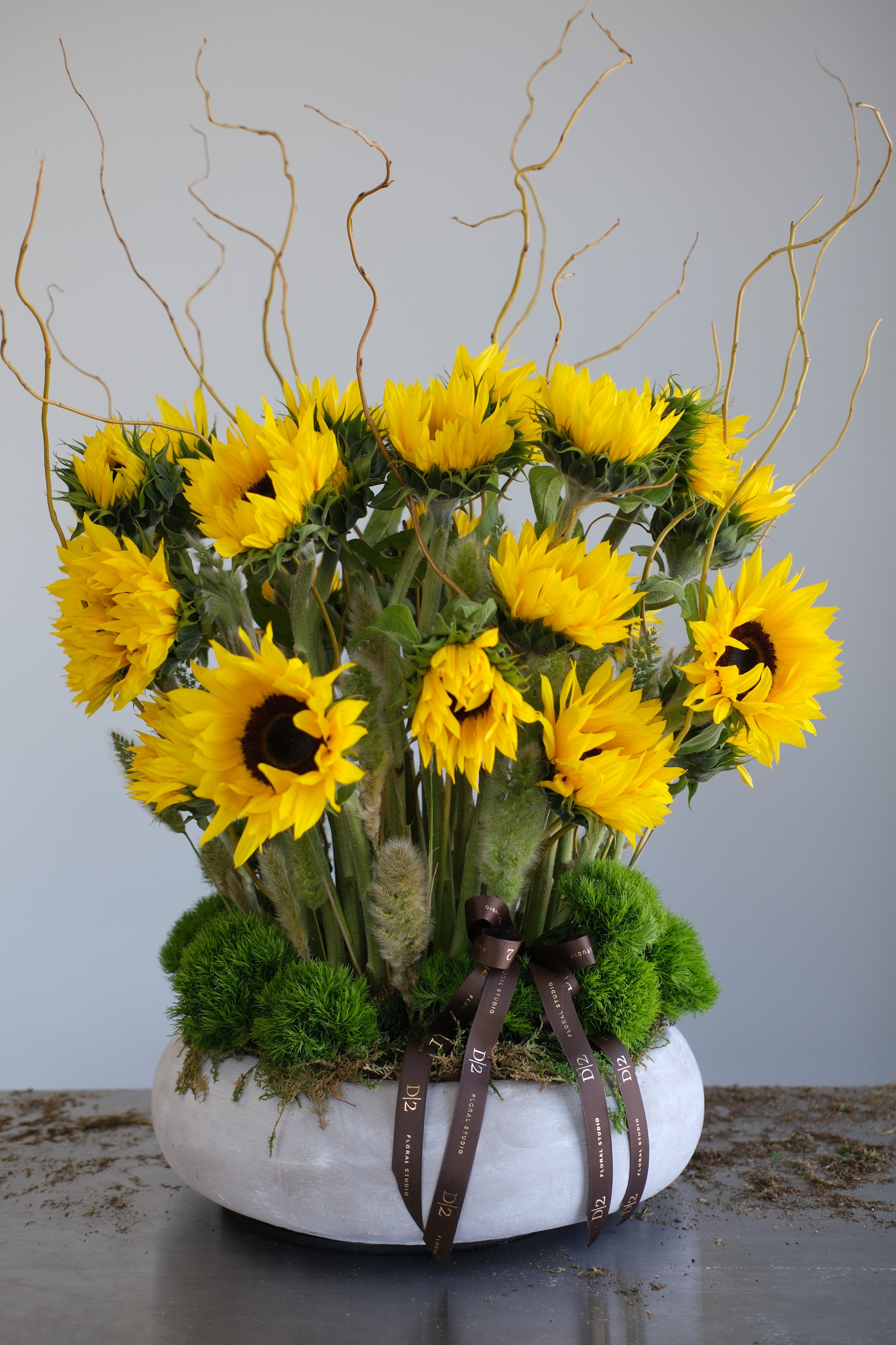 Sunny - A cheerful and artistic arrangement of vibrant sunflowers, accented with curly willow branches and nestled in lush green moss within a modern white ceramic bowl. Finished with a brown ribbon branded with “D|2” for a stylish touch.