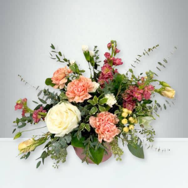 Budding Romance - The &quot;Budding Romance&quot; vintage inspired arrangement is a delicate mix of pink and purple flowers, symbolizing the sweet beginnings of love and affection. This charming bouquet is perfect for expressing budding feelings or reigniting romance in your relationship!