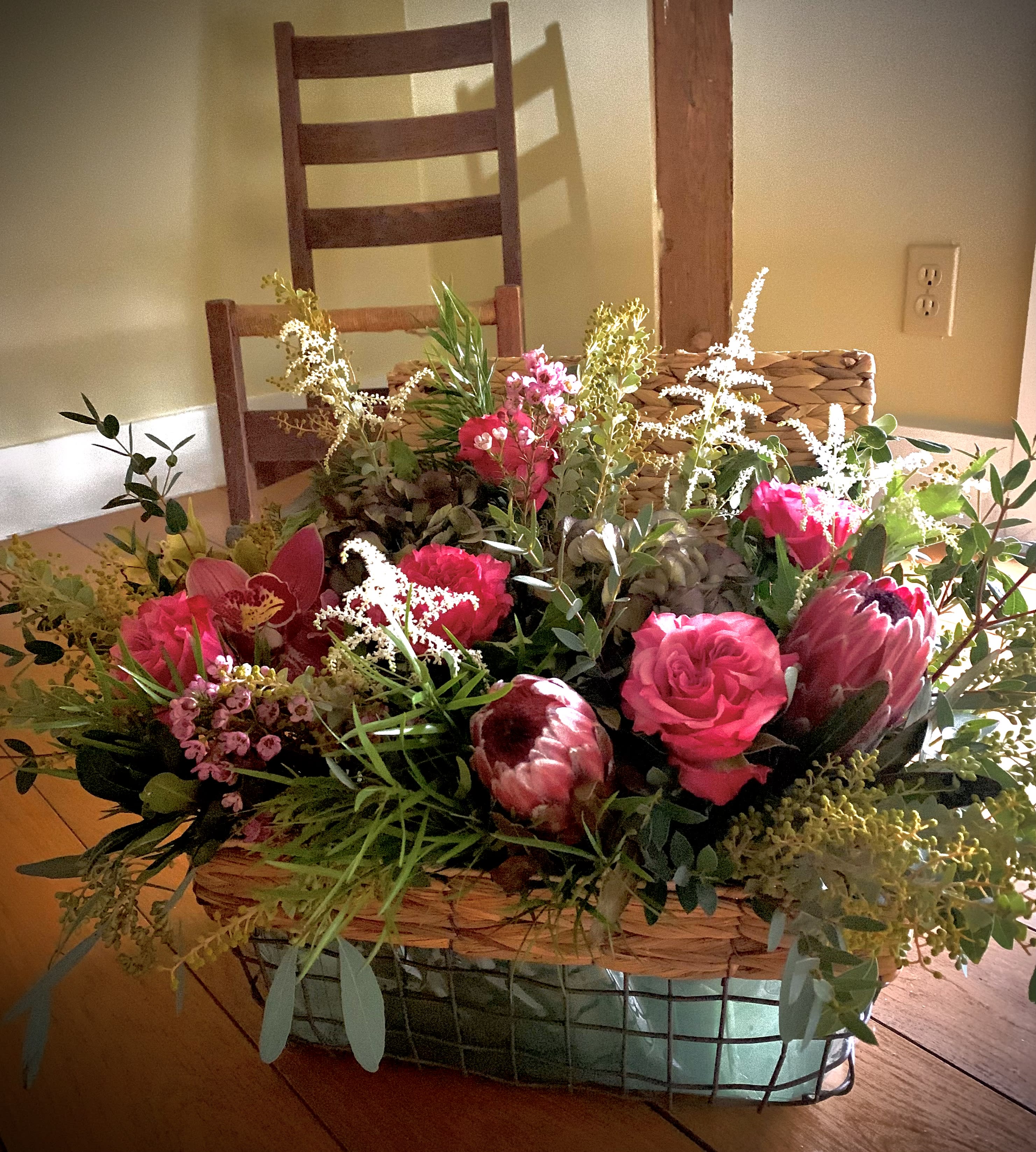 It a country kind of love It a country kind of love - This farmhouse country basket full of wildflowers garden roses and dried antique hydrangea will send a grand message in the most natural way