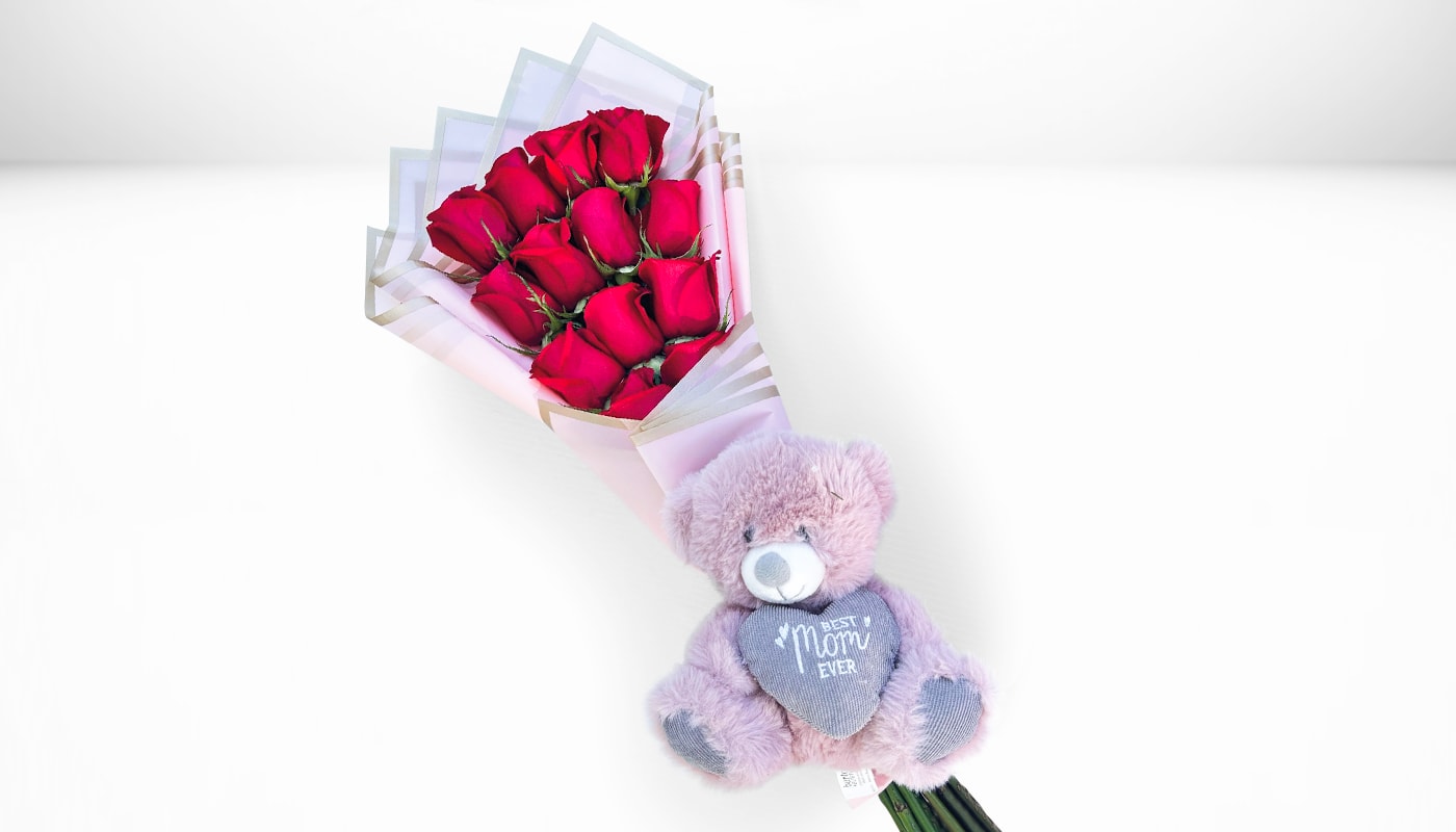 12 Red Roses &amp; Mom Bear - 12 Red Roses &amp; 7&quot; teddy bear