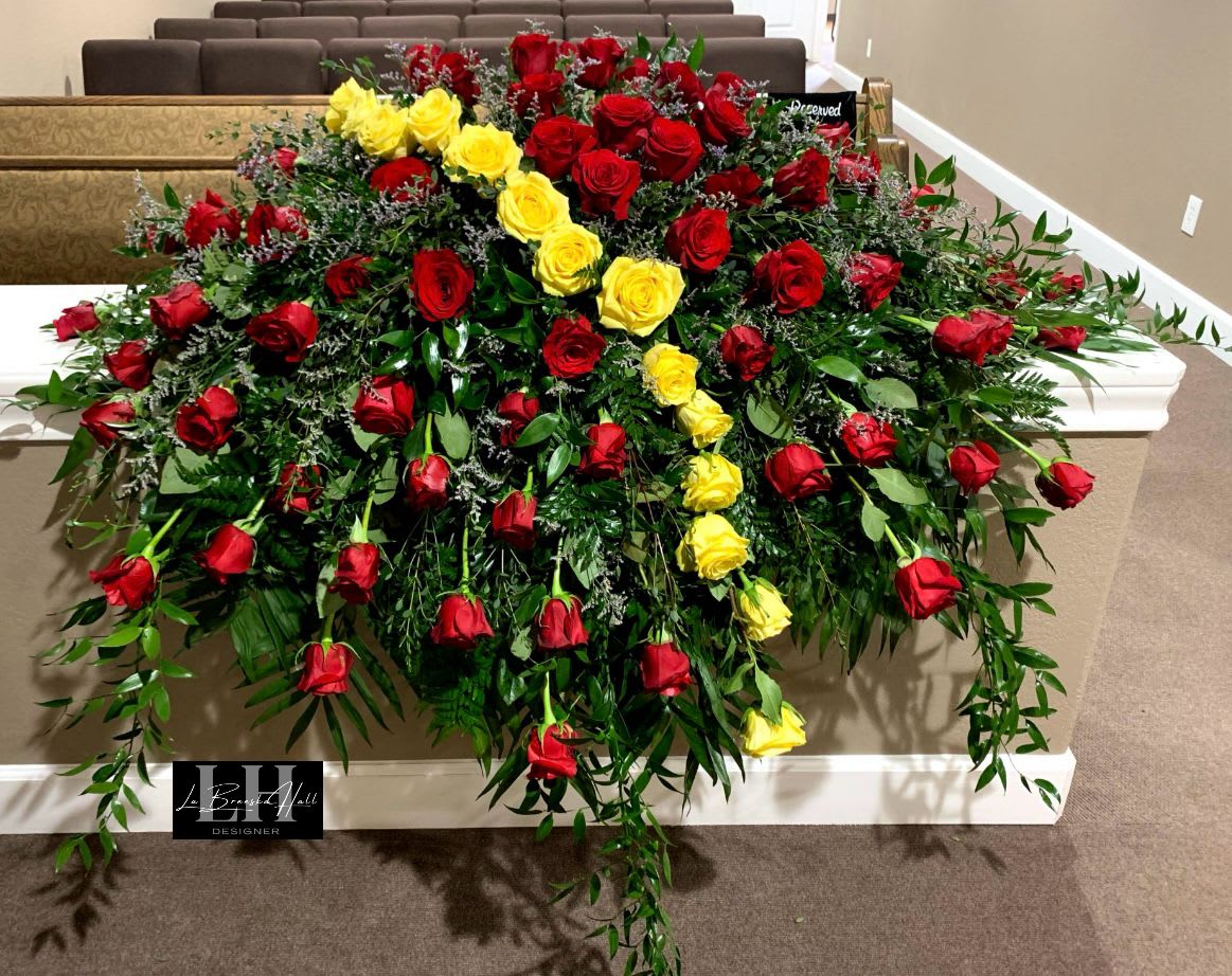 Roses Casket spray  - Red and yellow rose casket spray 