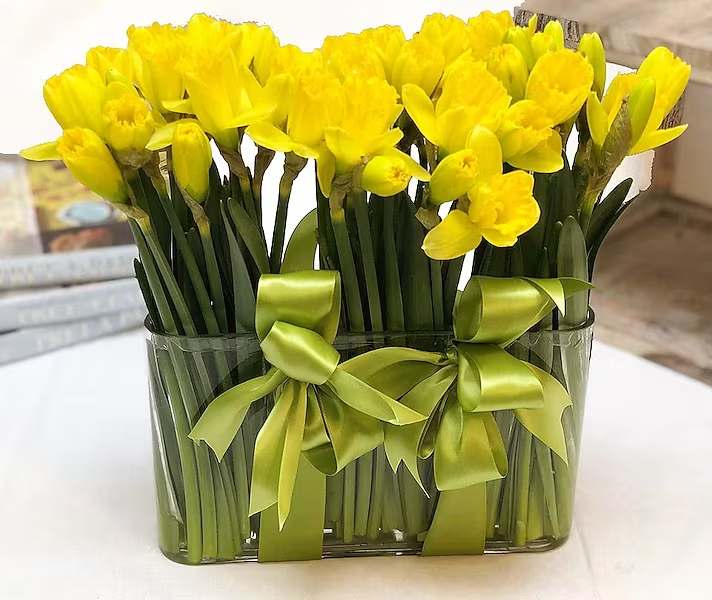 Daffodils in Bloom - The perfect way to wake up to the beauty of spring! Four bunches of daffodils are artfully arranged in an envelope vase. Perfect for home, office or to brighten someone's day.  All prices in USD ($)