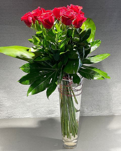 Heart Song - 12 or 18 Roses artfully arranged. Why always send the same old traditional red roses and baby's breath? After all it isn't 1952 any longer! Roses are still a sign of romance and love so Adelaide's created a new look for a dozen long-stemmed roses circa 2022 and beyond. Set in a tall glass vase, filled with white rocks, the roses and vase are bound with red wire and accented with a red wire heart. Perfect for anyone in your life who you want to state: &quot;Yep, I'm cool&quot;.  All prices in USD ($)
