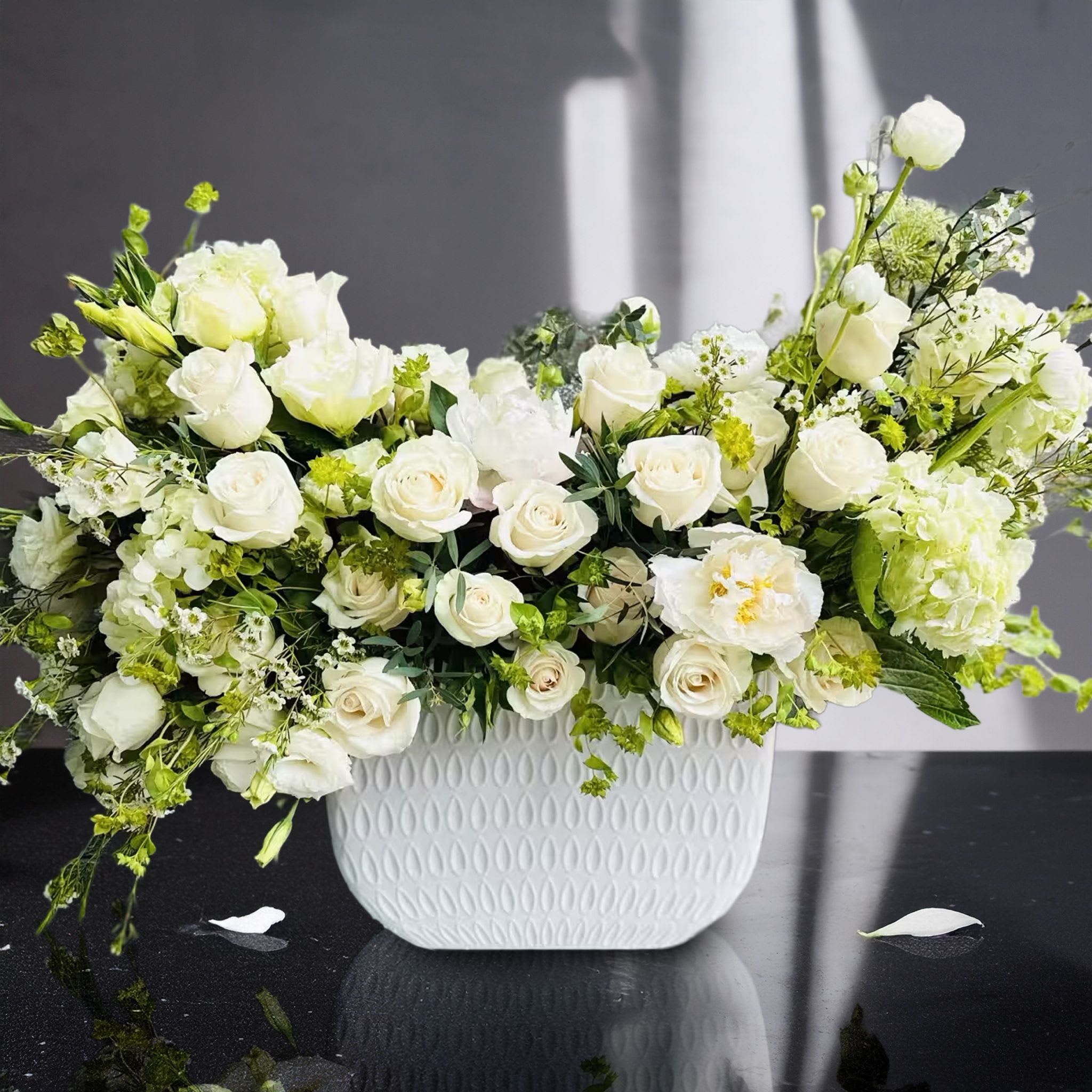 The Mandeville Garden <3 The Mandeville Garden <3 - White and cream combined with deep ivy greens in a contemporary yet flashy container rising 2.5 in height. Perfection