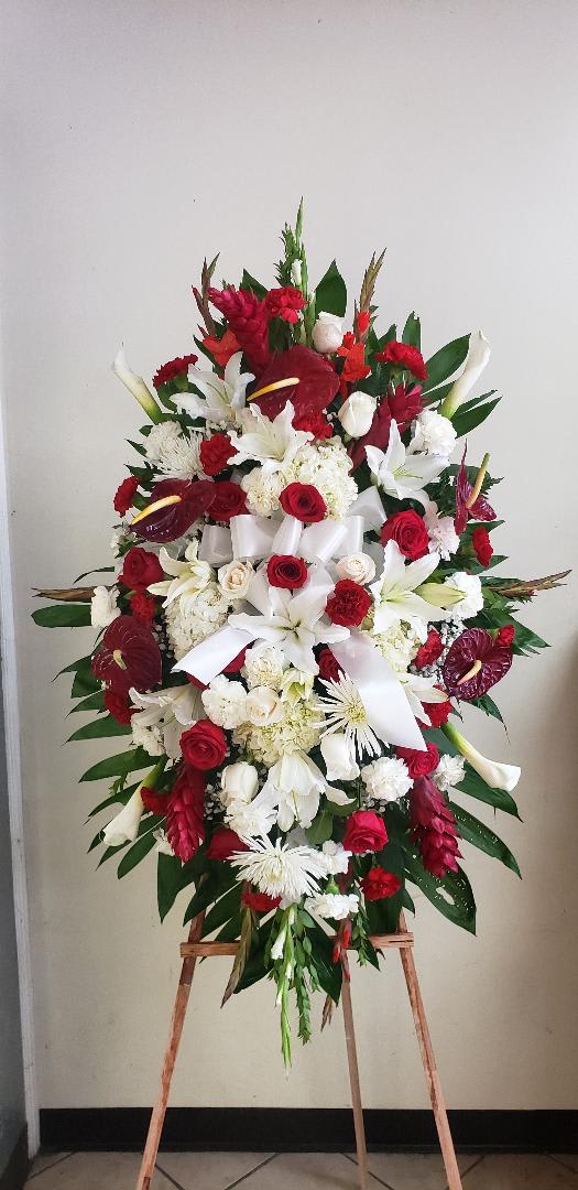 WS-003 WS-003 - STANDING SPRAY WITH GLADIOLAS, ROSES. ANTHURIUM, GINJER, HYDRANGEA,SPIDER MOM.